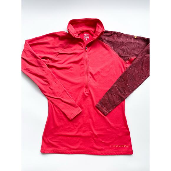 Women's Nike Pro Livestrong Red Orange Long Sleeve Half Zip Top Size Large - Picture 1 of 10